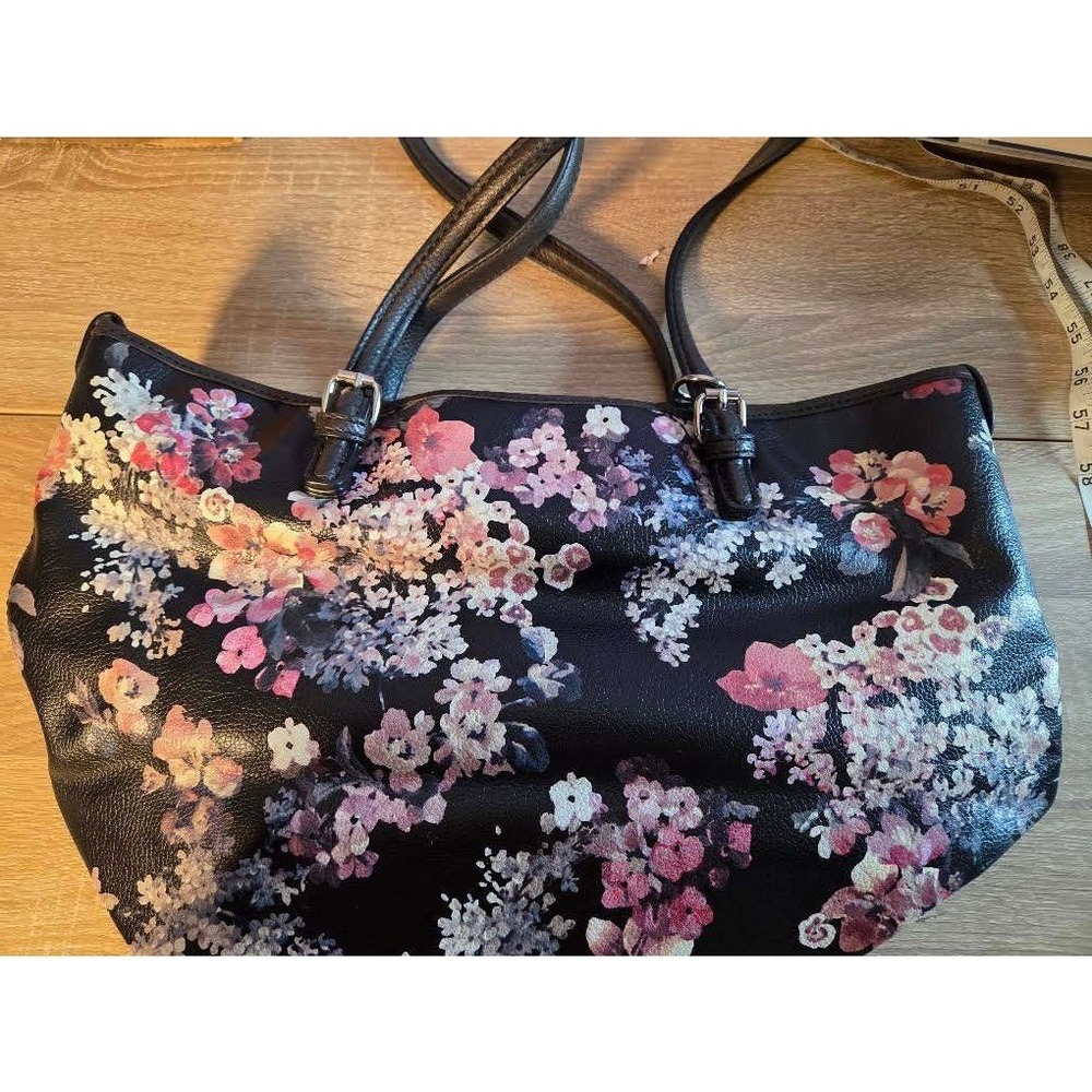 Bueno Floral Print Faux Leather Tote Bag Black Pink Purple Shoulder Bag